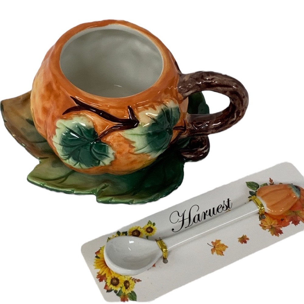 Harvest Collection CornerRuby Fall Pumpkin Coffee Cup, Leaf Saucer & Spoon Set